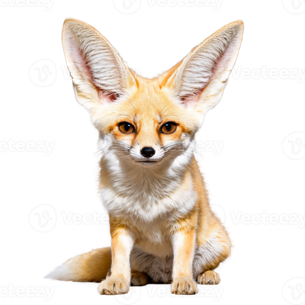 Adorable fennec fox Vulpes zerda kit oversized ears soft sand colored fur playful pose Animal png