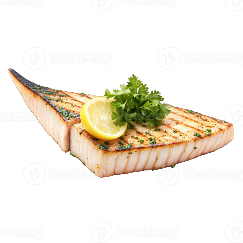 Grilled swordfish steak with a slice of lemon and a sprinkle of chopped parsley Summer png