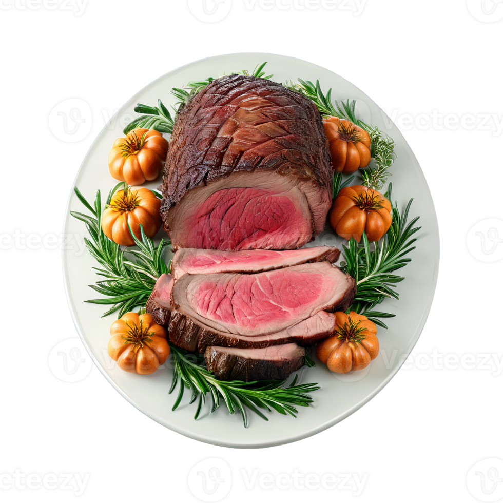 prime rib roast, cooked to perfection and garnished with fresh rosemary and garlic, png