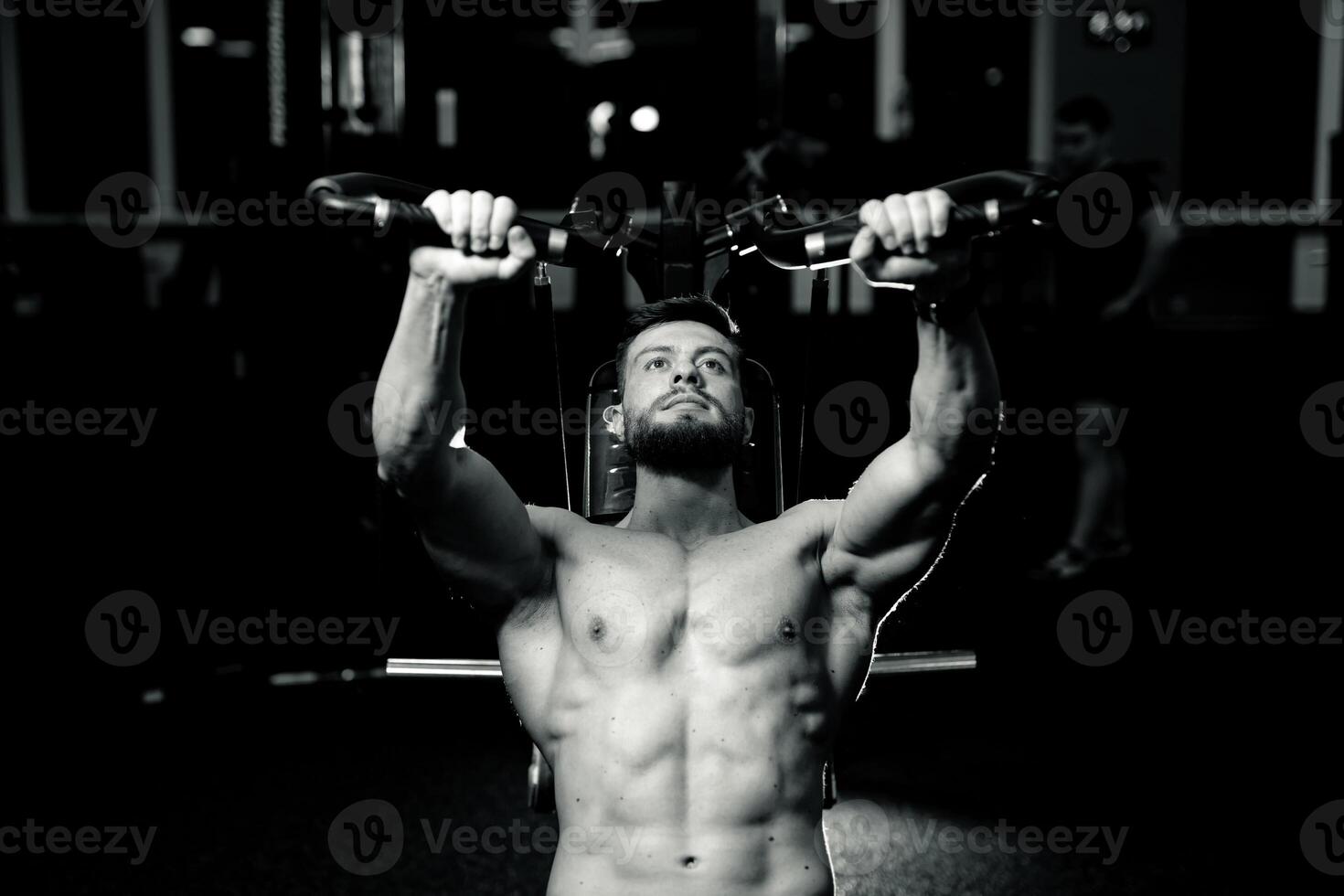 Bodybuilding young man in gym. Training muscular shirtless man. photo