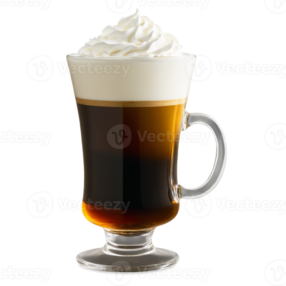 Sleek glass Irish coffee mug with a handle showcasing layers of coffee whiskey and whipped png
