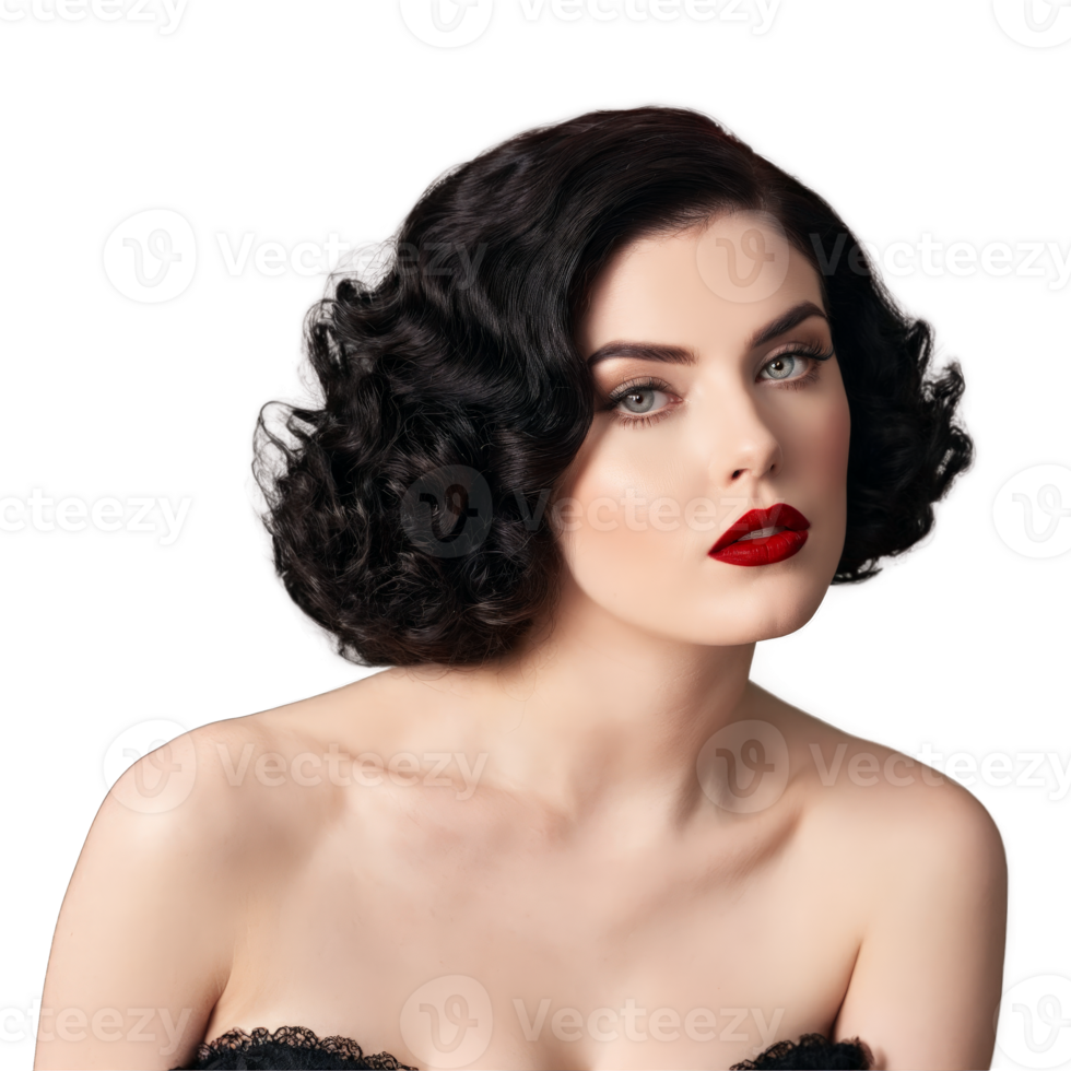 Vintage Vamp A glamorous woman with pale skin dark hair in vintage waves and deep png