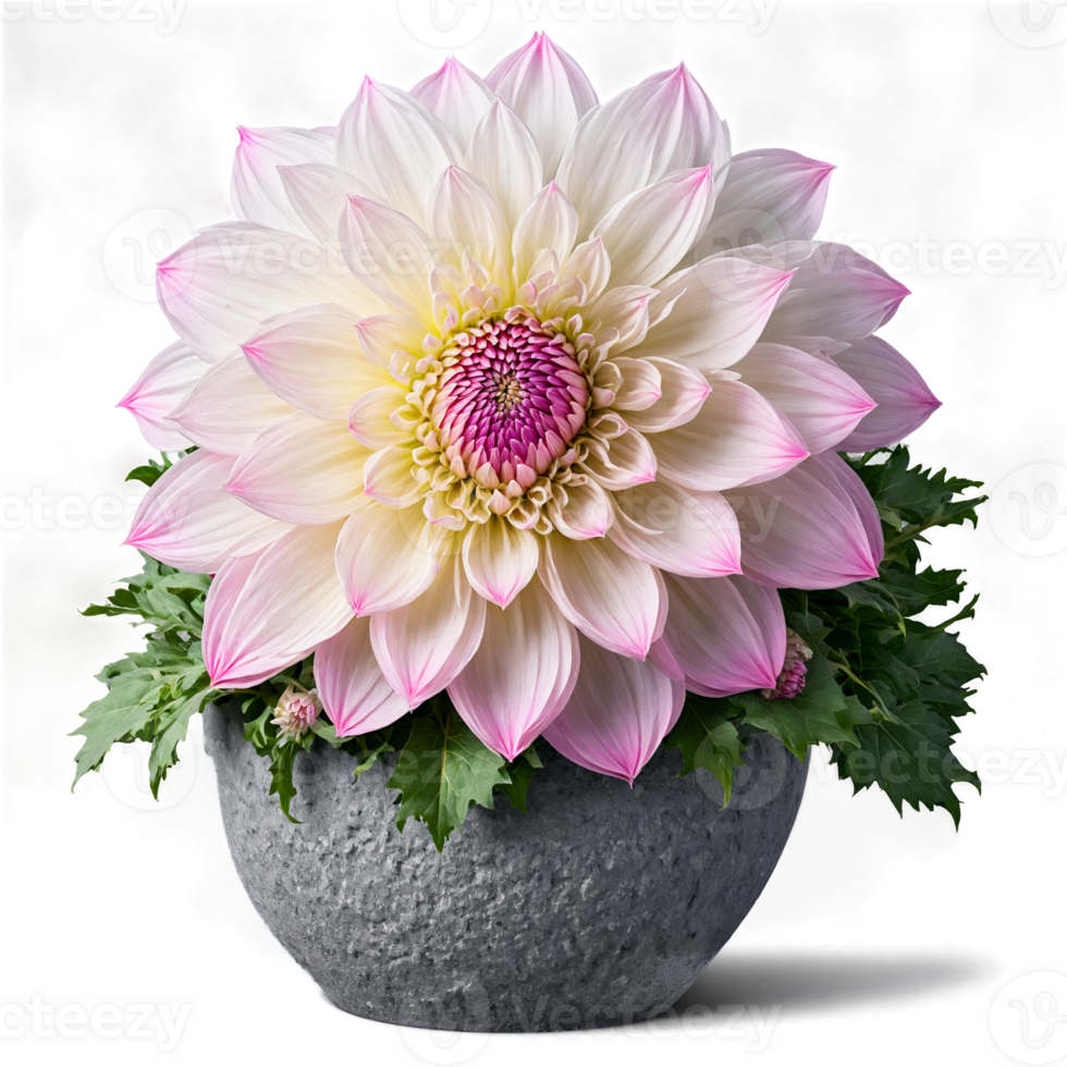 Dahlia large pink and white blooms in a gray stone planter with intricate petal patterns png