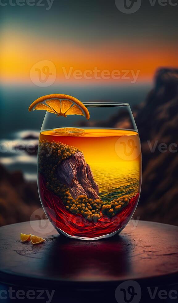 Glass of whiskey with ice and orange slice on the rocks photo