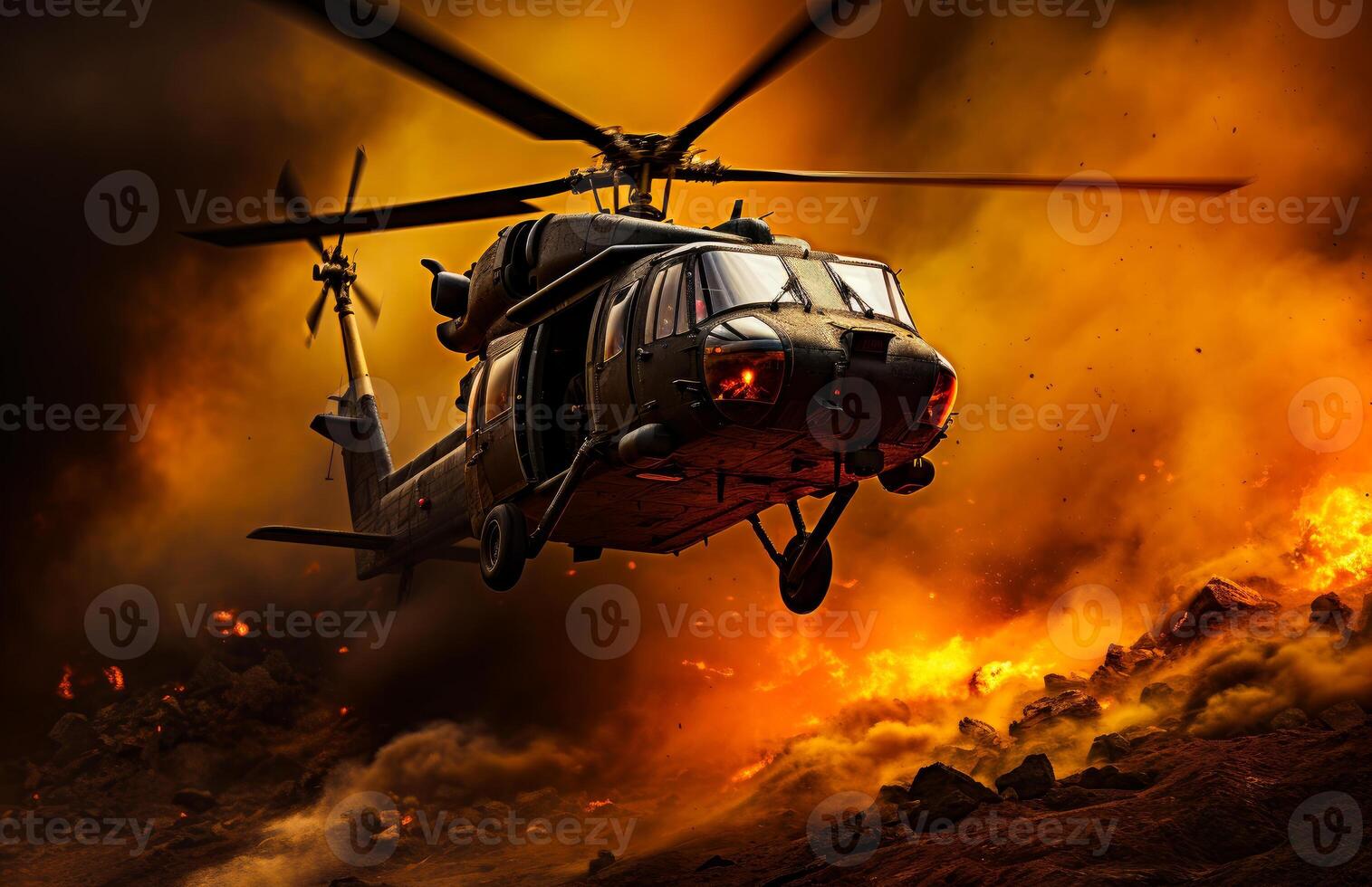 Military helicopter rescues soldiers from the fire photo