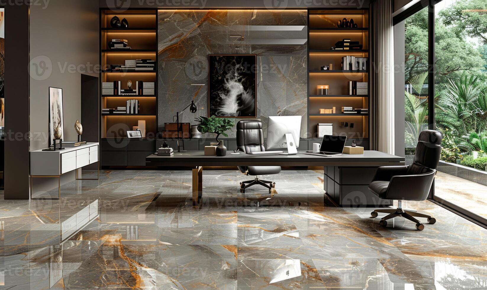 Luxury office interior design with marble floor large windows and stylish computer desk with shelves and comfortable office chairs photo