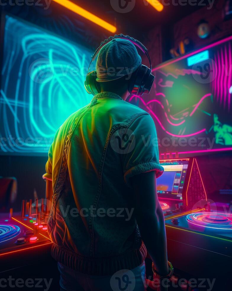 Dj playing songs in disco with light show photo
