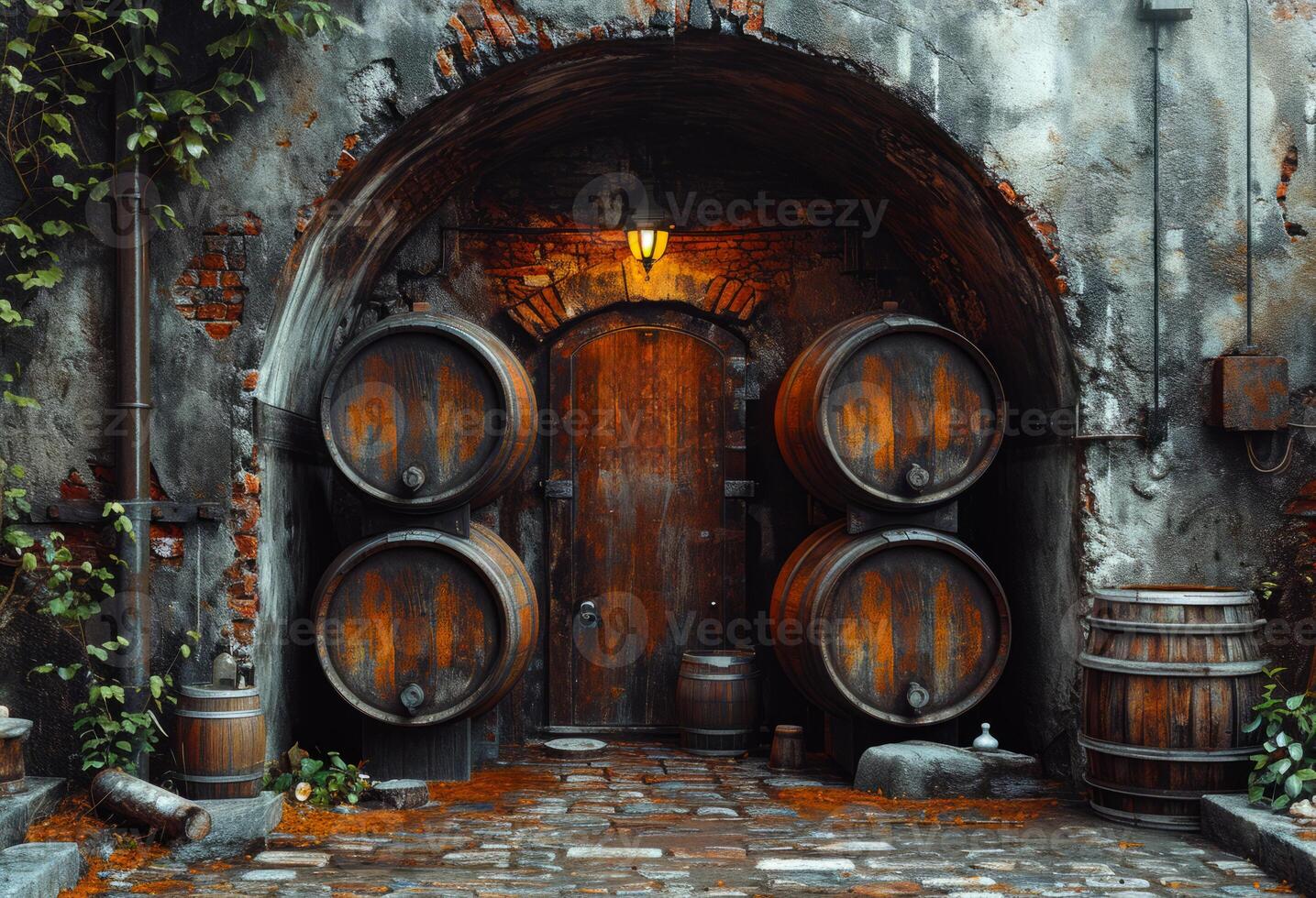 Old wooden barrels in the wine cellar with red wine photo