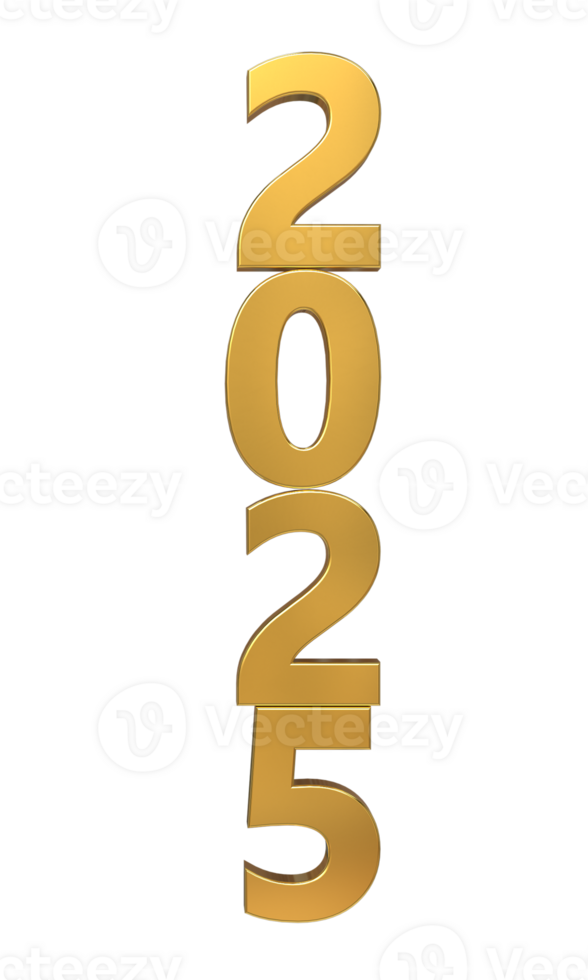 3D golden 2025 rendering, happy new year Design element for calendar png