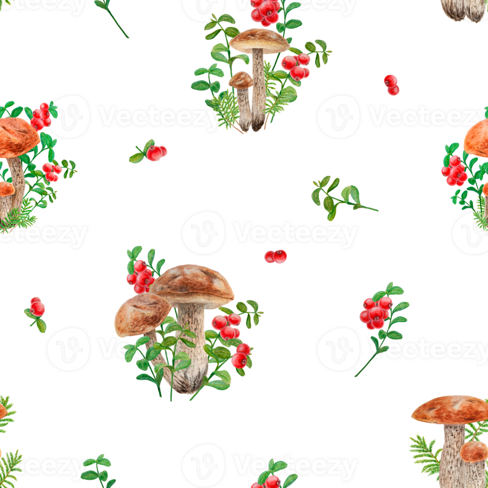 Wild mushrooms, red wild berries watercolor seamless pattern. Hand drawn botanical realistic ornament. Forest boletus and cranberry botanical motif for printing on fabric, packing paper, wallpaper png