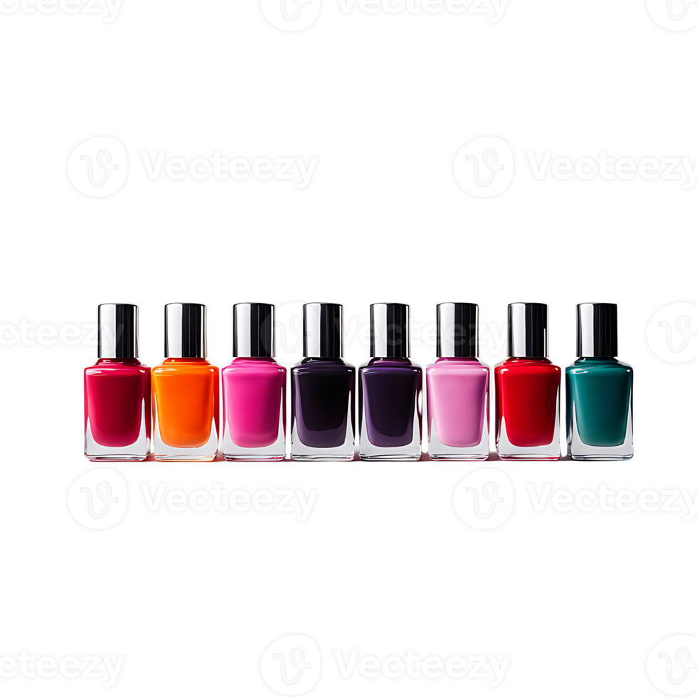 A set of nail polish bottles of different colors standing in one row. Decorative cosmetics advertising mockup. png