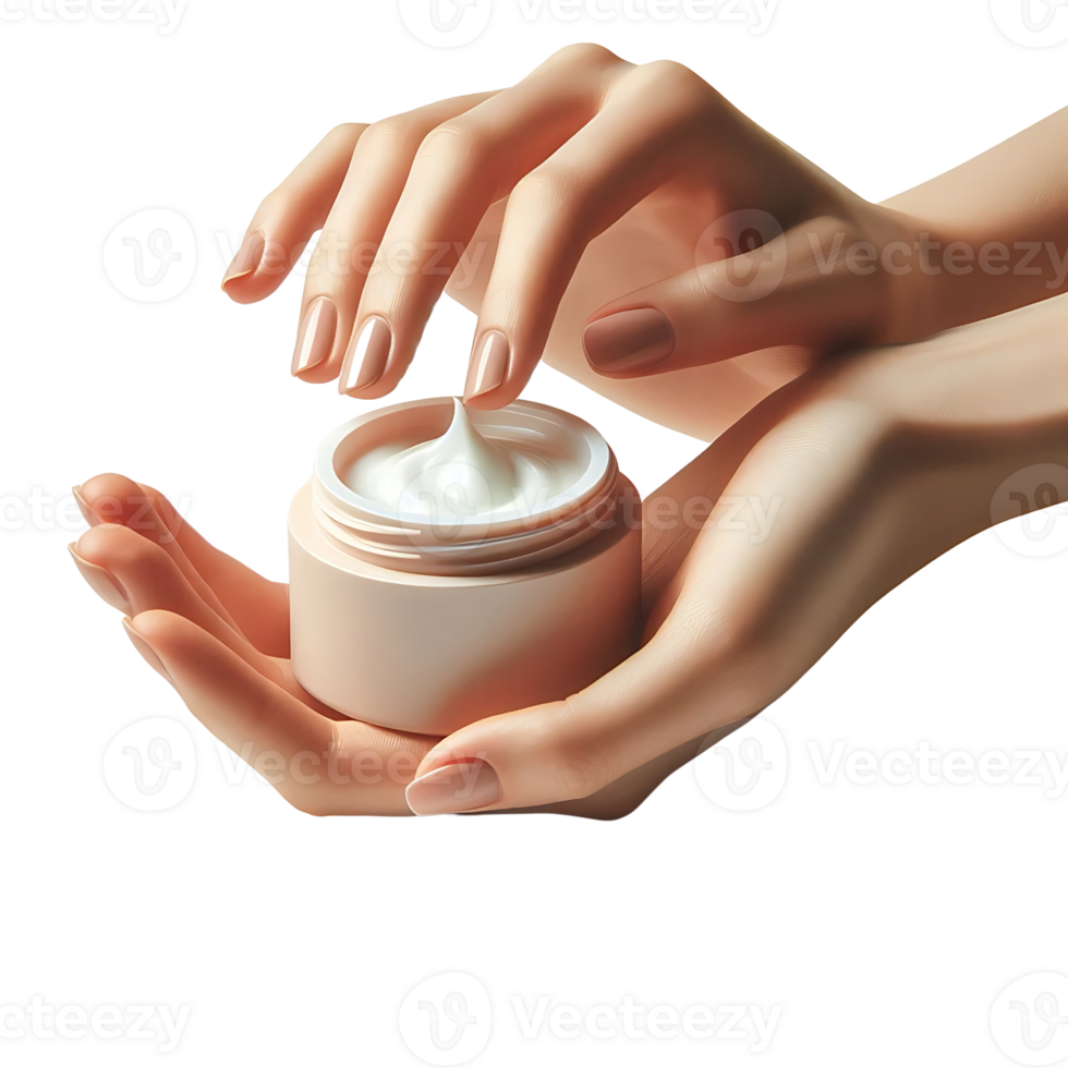 Jar with natural cream in female hands isolated. Organic cosmetics for skin care. Advertising cosmetics and environmentally friendly products. png