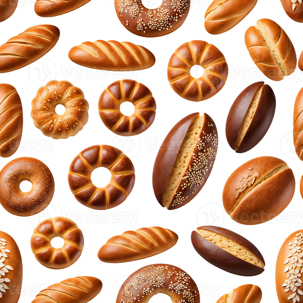 Set of bakery products isolated. Top view of bread, loaf and buns. Delicious, fresh baked goods. png