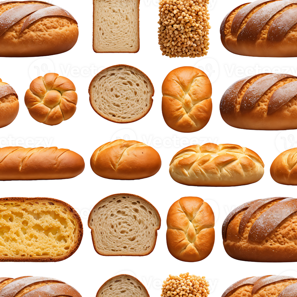 Set of bakery products isolated. Top view of bread, loaf, buns and grains. Delicious, fresh baked goods. png