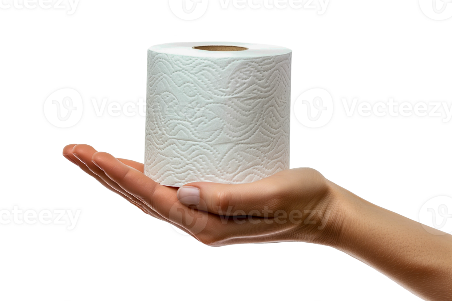 Hand Holding Textured Toilet Paper Roll on transparent Background, Clean Hygiene Concept, Practical Everyday Item for Household and Public Use, Close-Up View of Single Person's Hand, Hygiene Necessity png