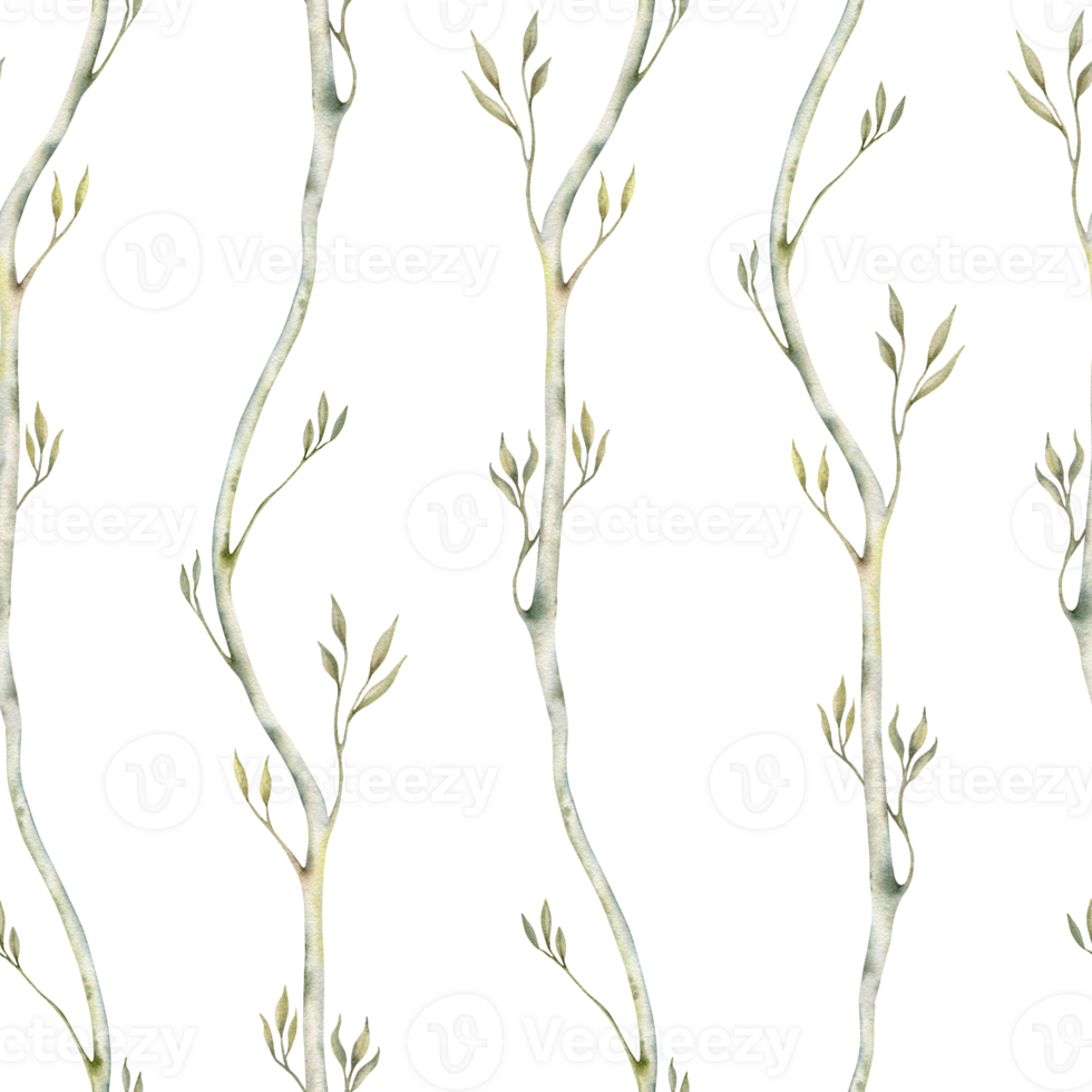 Seamless pattern with abstract tree branches. Elegant light green leaves. Watercolor illustration on transparent background. Hand drawn botanical ornament for natural fabrics, wallpapers and prints png