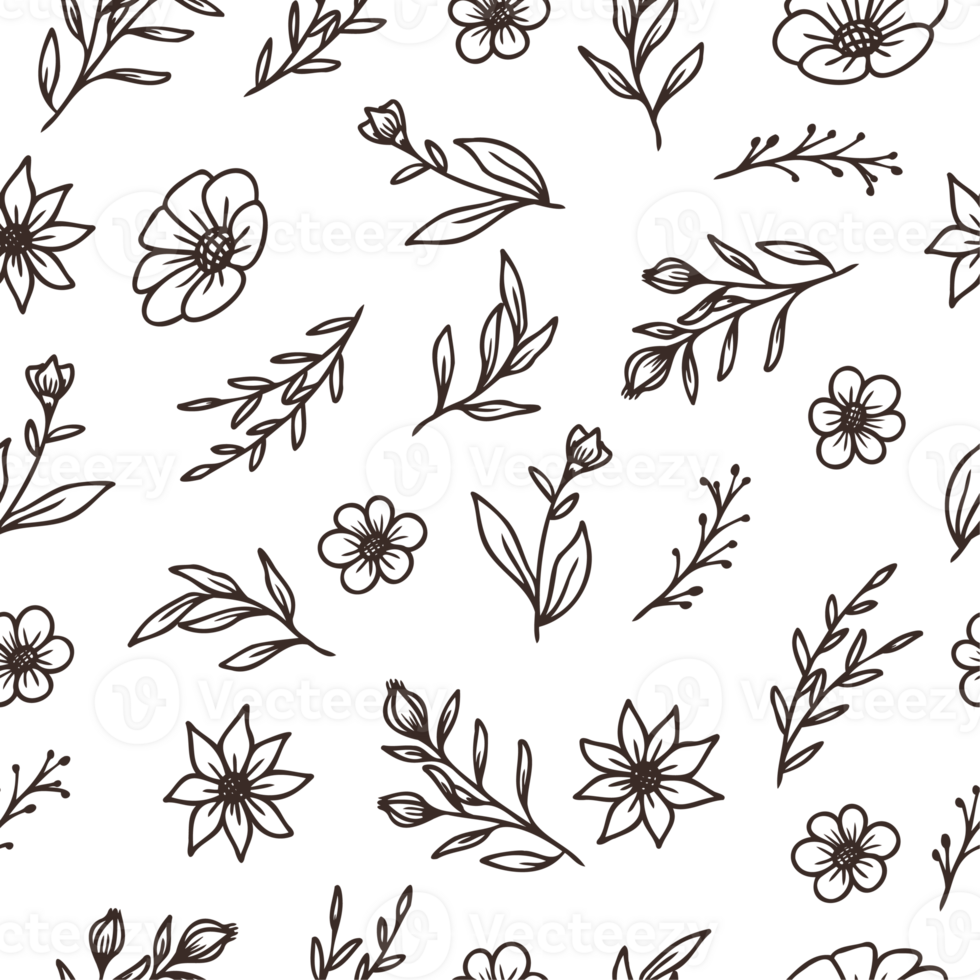 Doodle floral seamless pattern with hand drawn flowers and leaves png