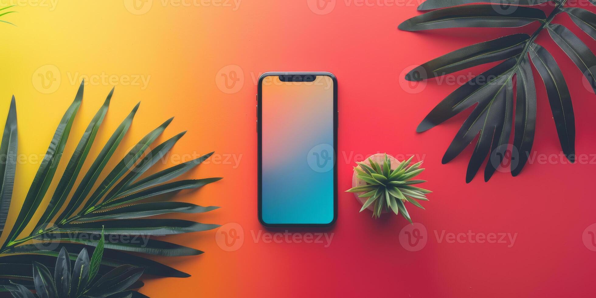Colorful Workspace with Smartphone and Tropical Plants on Vivid Background photo