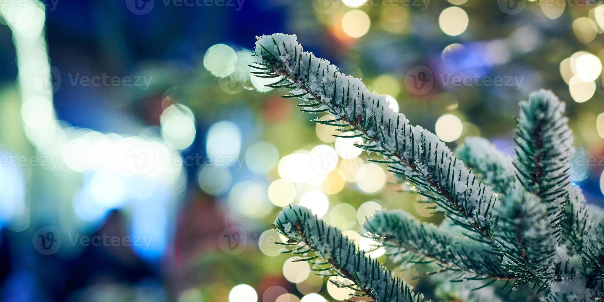Christmas tree covered snow with yellow garlands lights and bokeh copy space with sparkled lights photo
