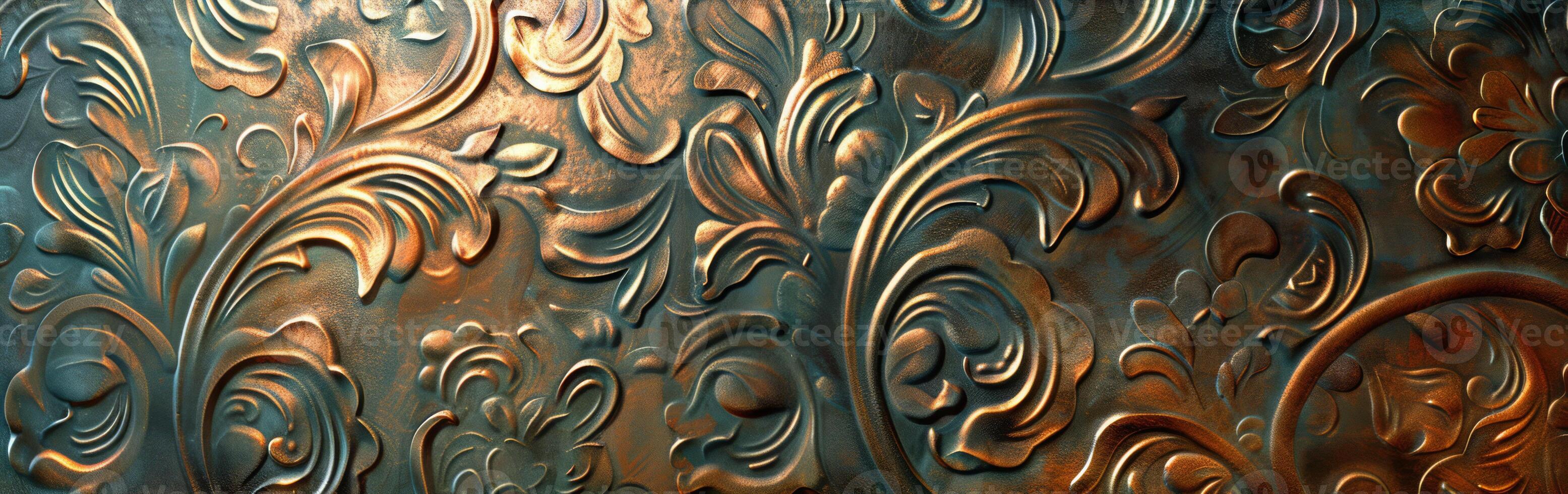 Ornate Copper Embossed Floral Pattern on Metallic Surface photo