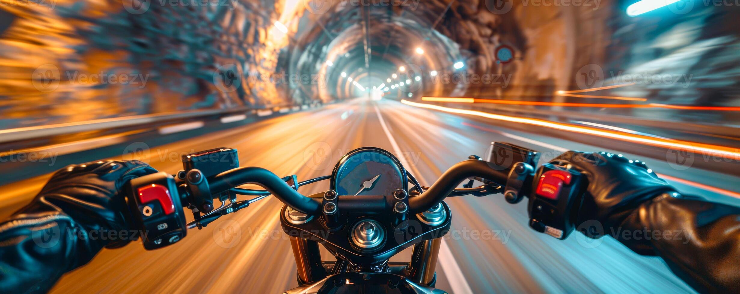 Dynamic Motorcycle Ride Through Illuminated Tunnel Perspective photo