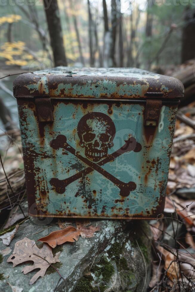 Rusty Metal Container with Skull Symbol in Autumn Forest Setting photo