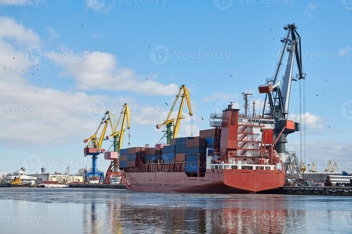 Moored ships and harbor cranes in port photo