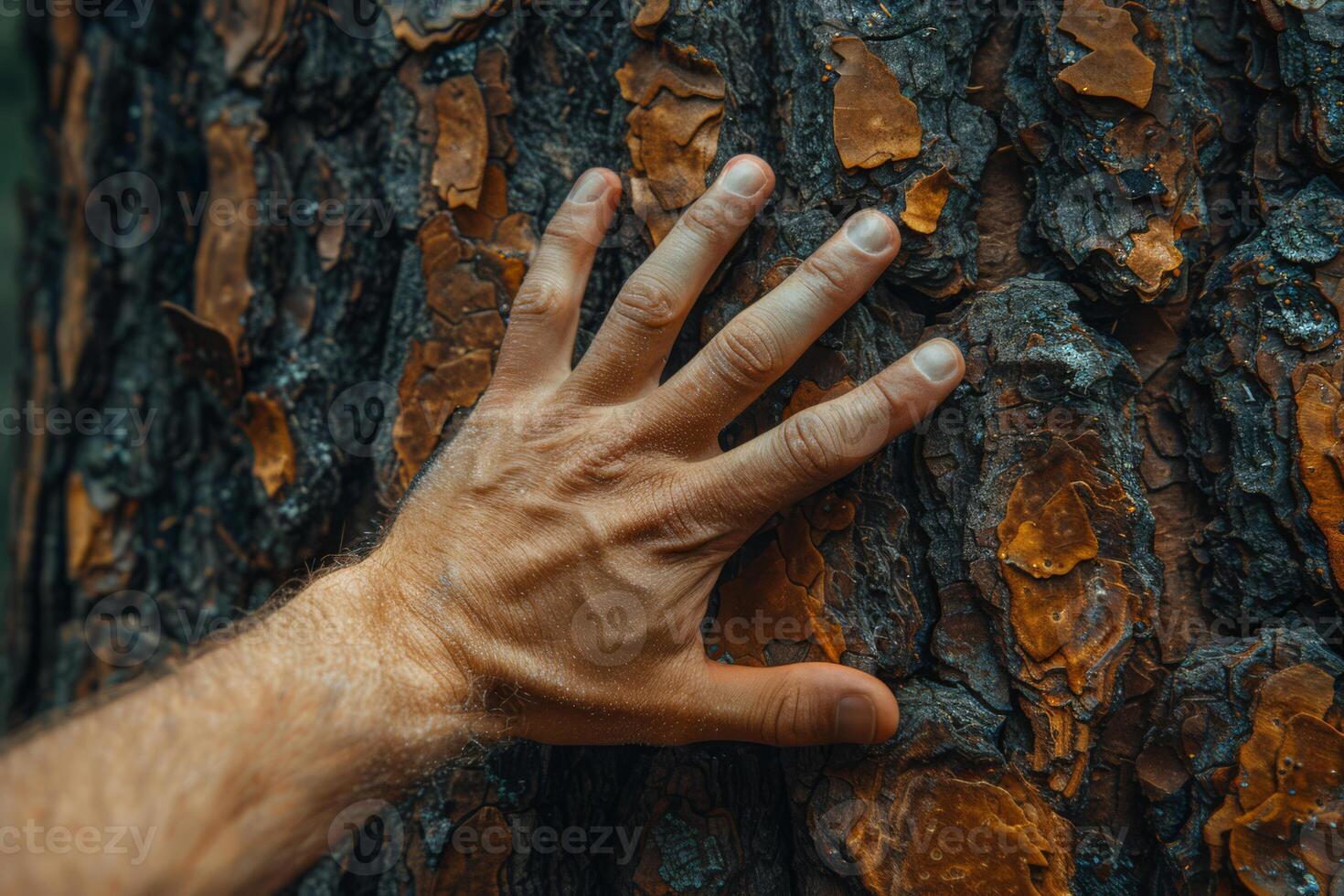 Human Connection with Nature Hand on Rugged Tree Bark photo