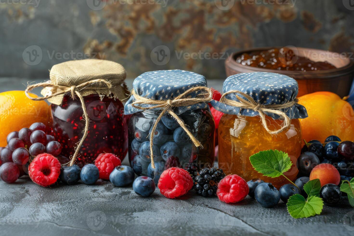 Artisanal Homemade Jam Jars Among Fresh Berrie photo