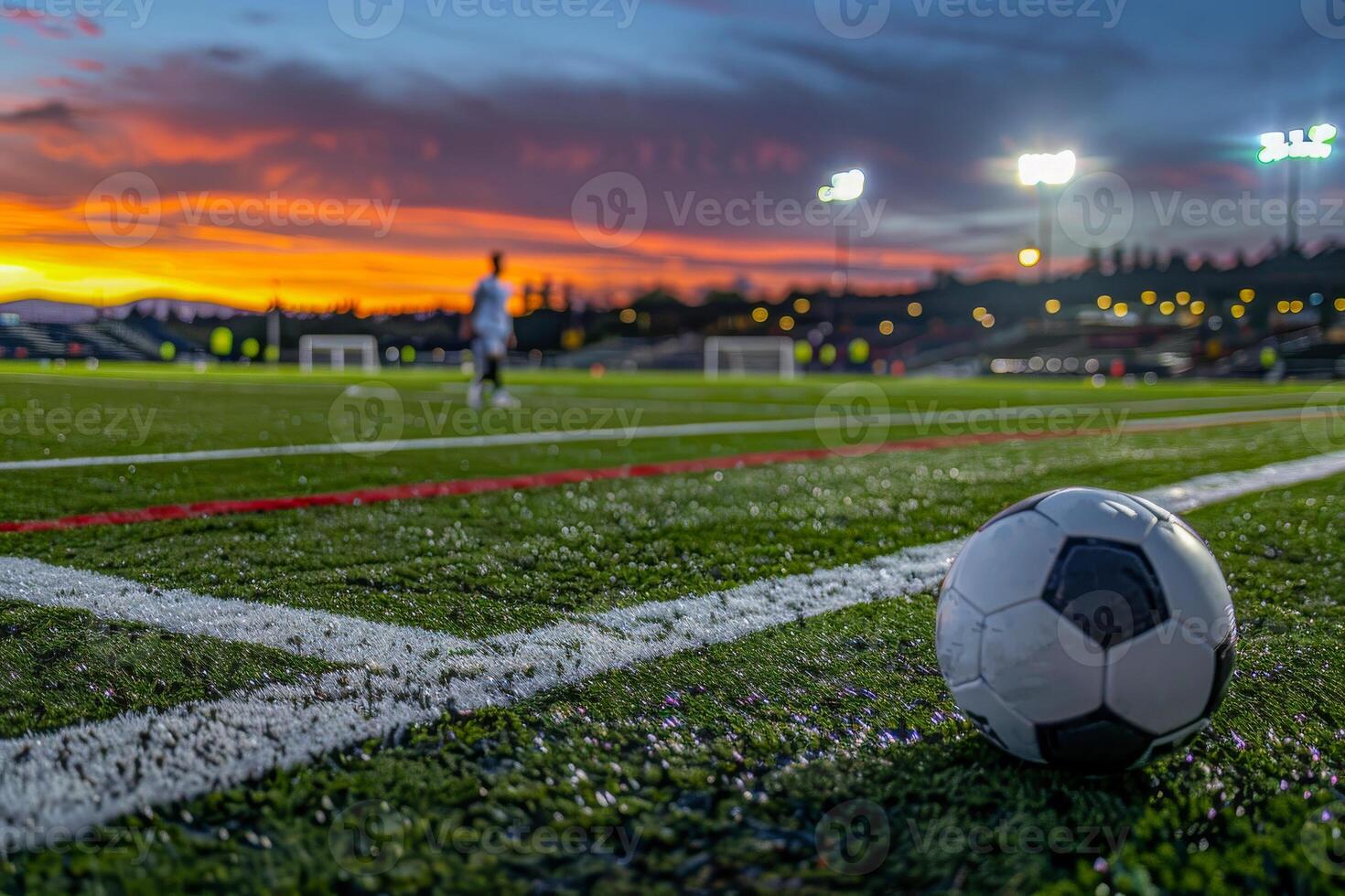 A close-up of a soccer ball on the field with players and stadium lights in the background, under a spectacular twilight sky photo