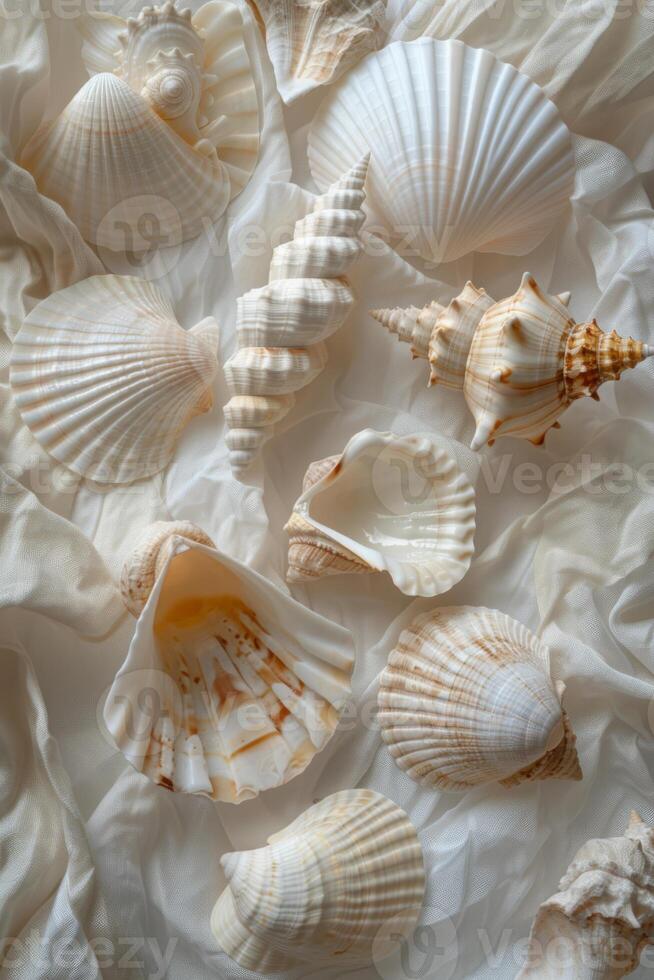 Collection of Elegant Seashells on a Soft Linen Background photo