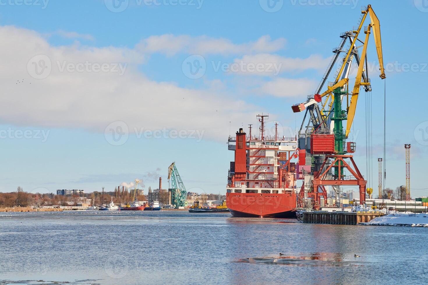 Moored ships and harbor cranes in port photo