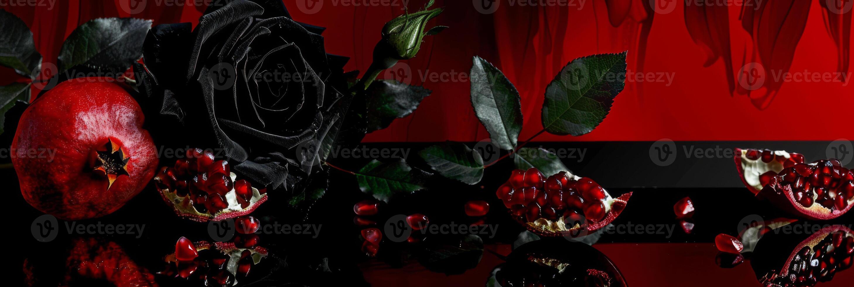 Dramatic Noir Still Life with Black Rose and Red Pomegranate photo