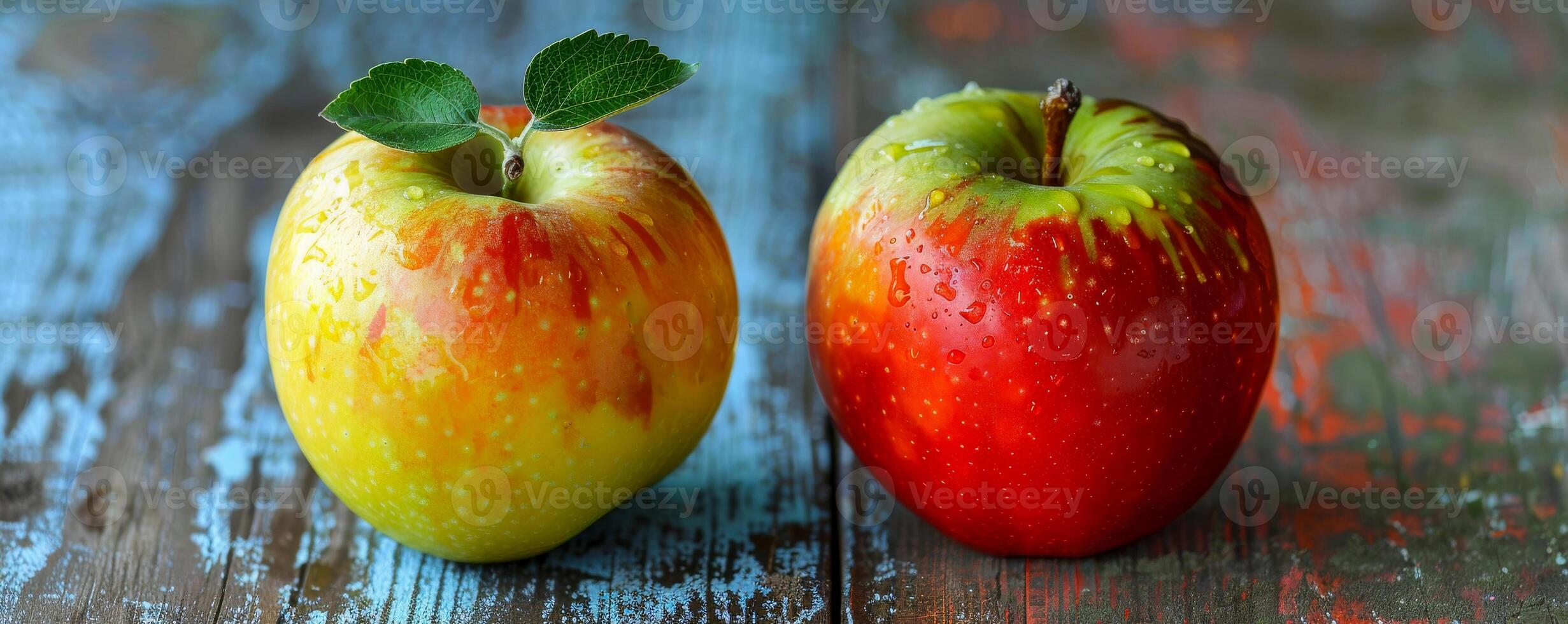 Fresh Dewy Apples with Vivid Colors on Wooden Surface photo