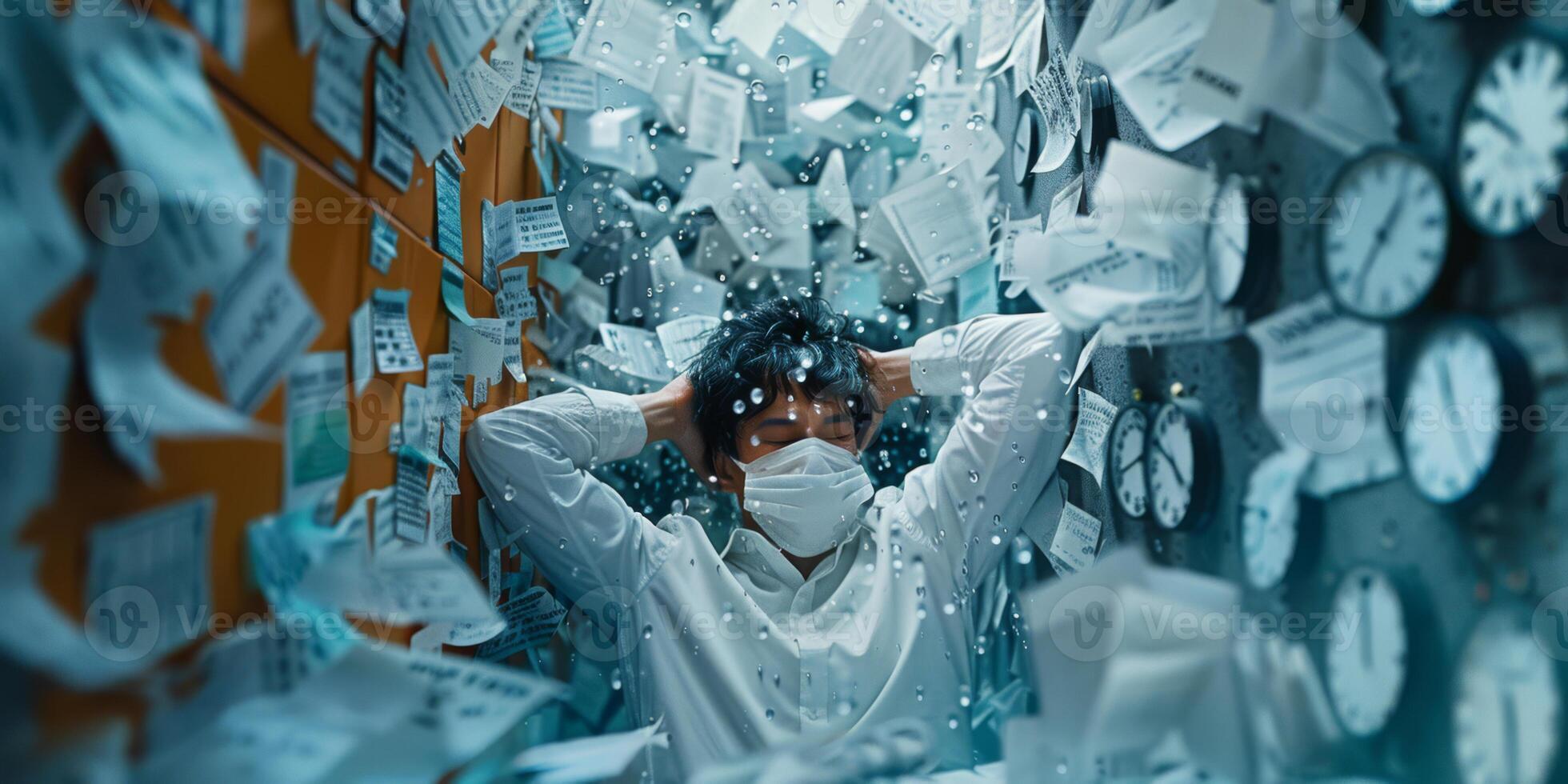 Overwhelmed Individual Amidst Chaos of Time and Information photo