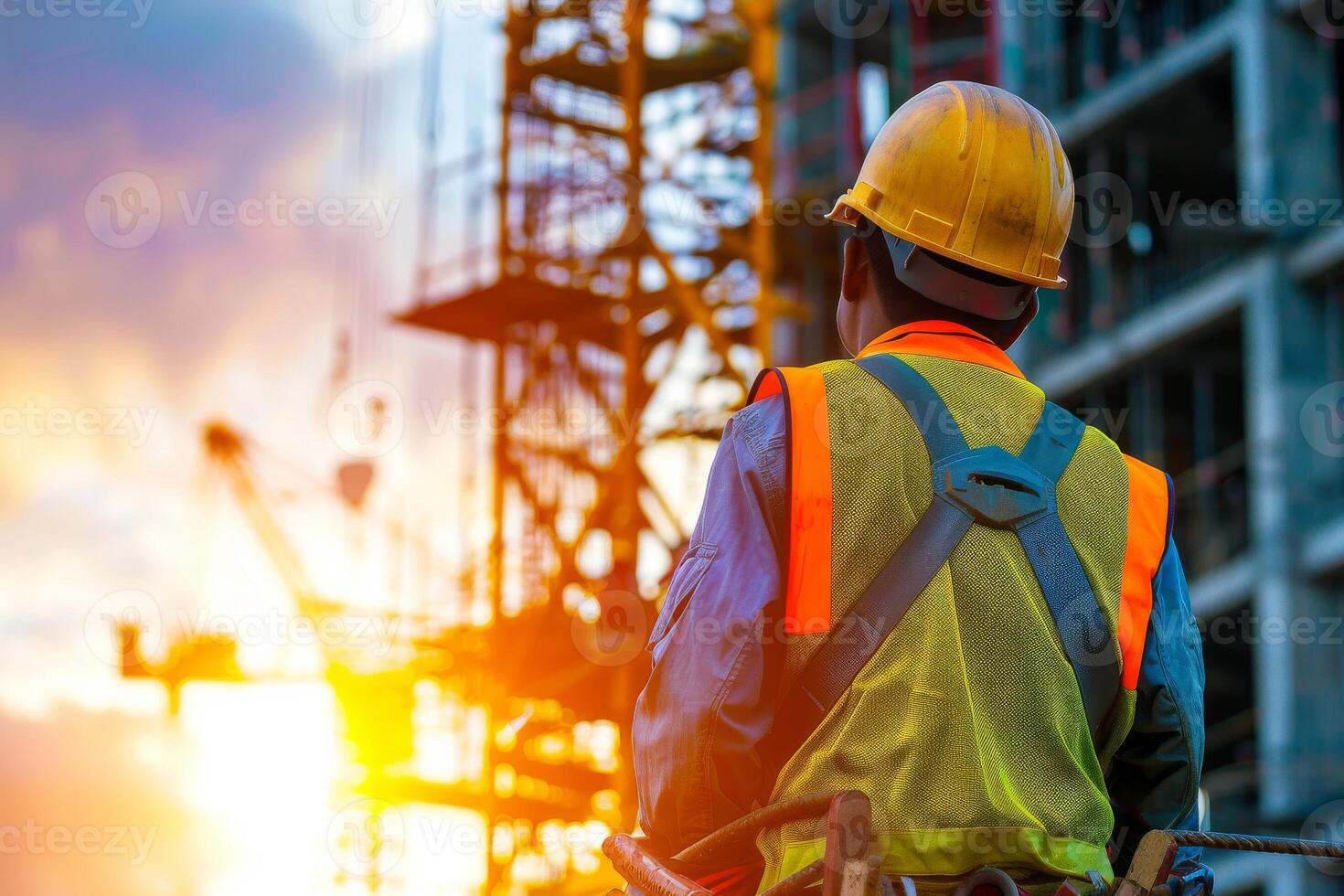 construction worker from behind watching a crane photo