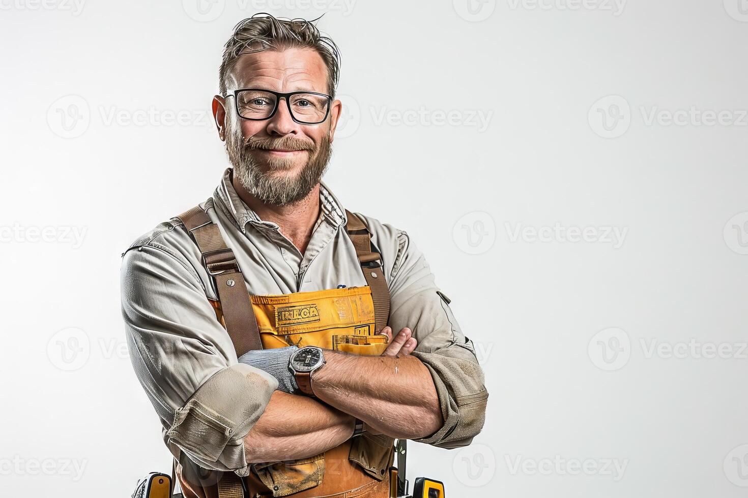 portrait a plumber smiling on white background photo