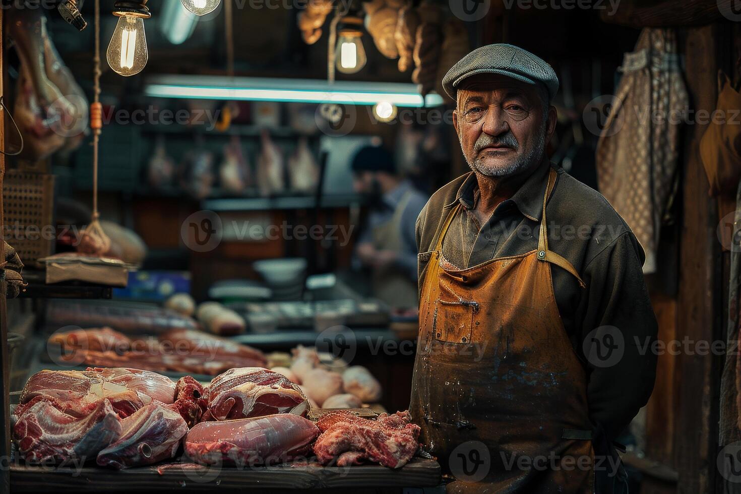 portrait of a butsher standing beside varieties of meat part photo