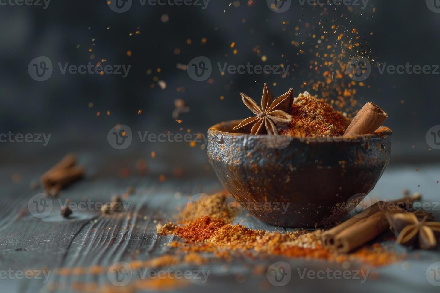 Dried spices with onion on the dark table top photo