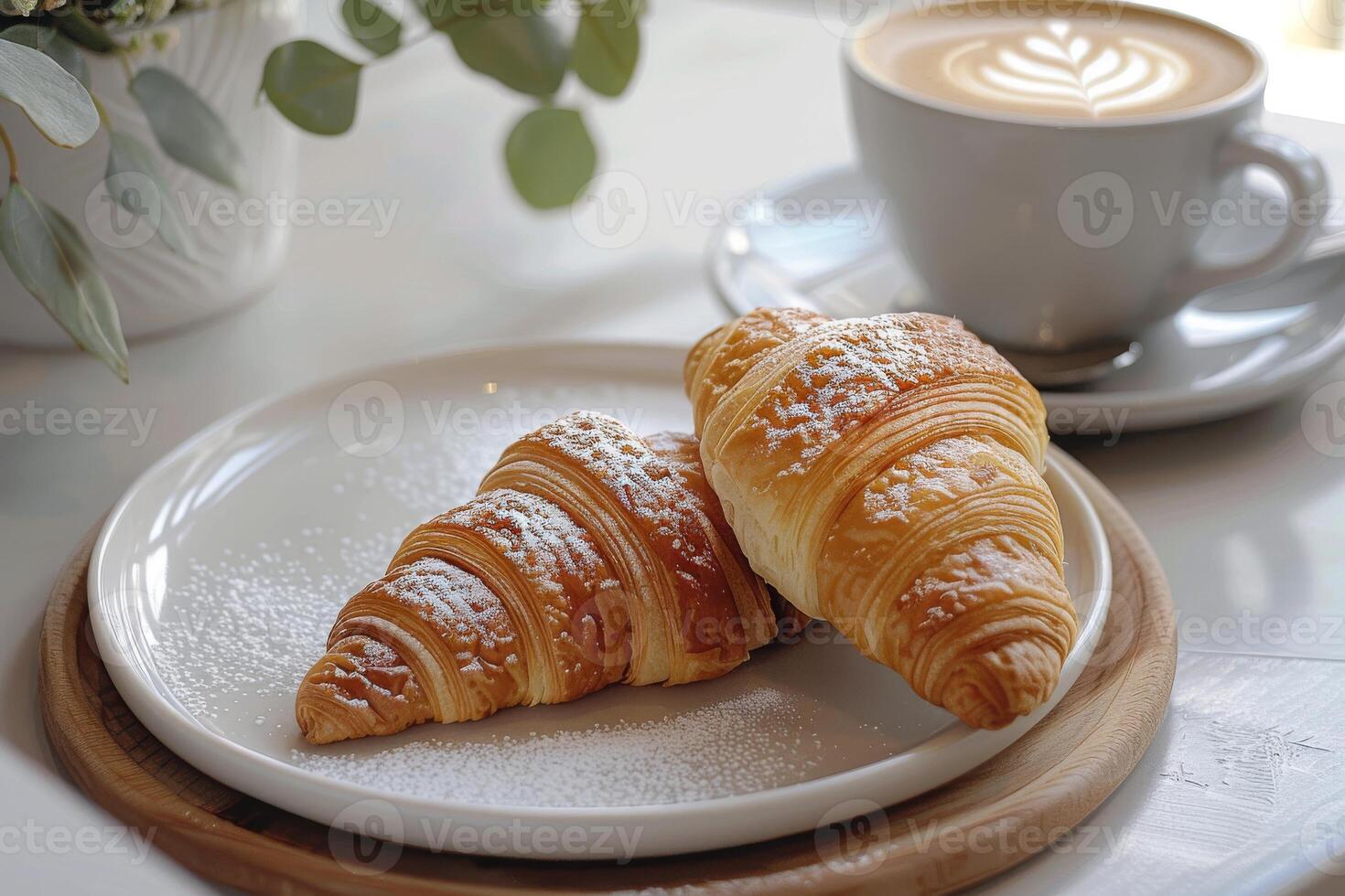 Cup of coffee with latte art with croissants on wooden table and morning sunlight with shadow through from window. Beautiful meal with warm sunlight. photo