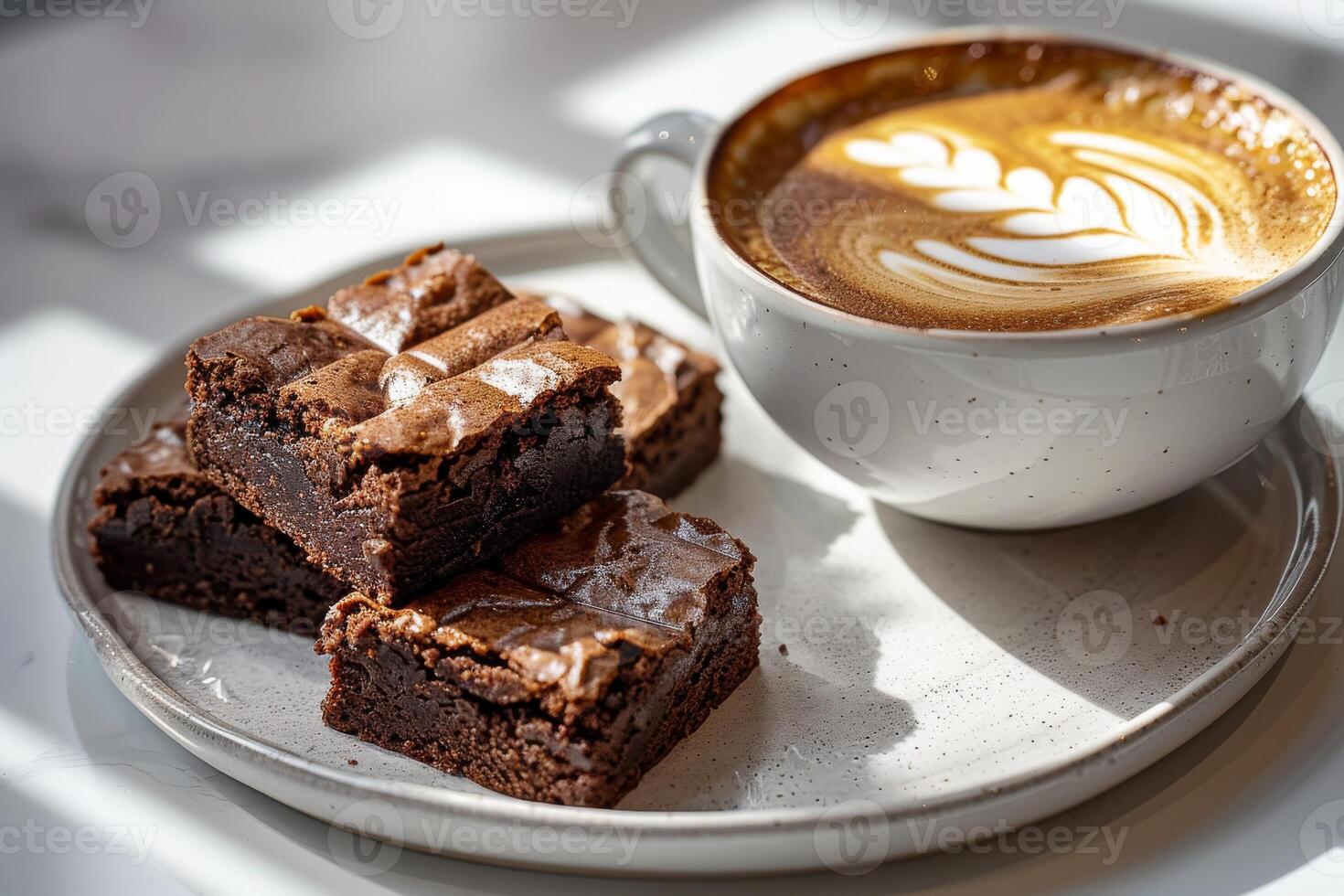 Cup of coffee with latte art with brownies on wooden table and morning sunlight with shadow through from window. Beautiful meal with warm sunlight. photo
