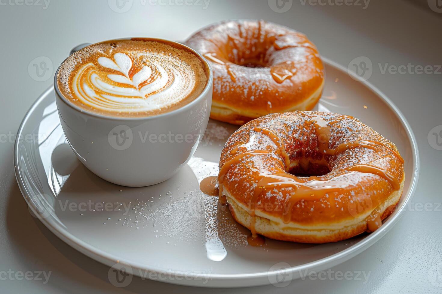 Cup of coffee with latte art with donuts on wooden table and morning sunlight with shadow through from window. Beautiful meal with warm sunlight. photo