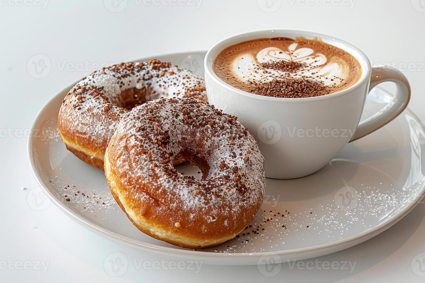 Cup of coffee with latte art with donuts on wooden table and morning sunlight with shadow through from window. Beautiful meal with warm sunlight. photo