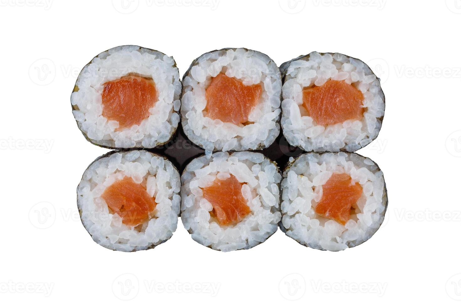 Traditional Japanese maki rolls with salmon on a white background.Isolate photo
