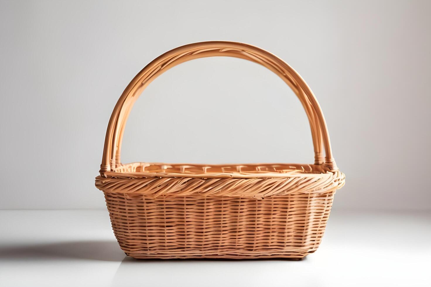Empty wooden wicker basket on white background photo