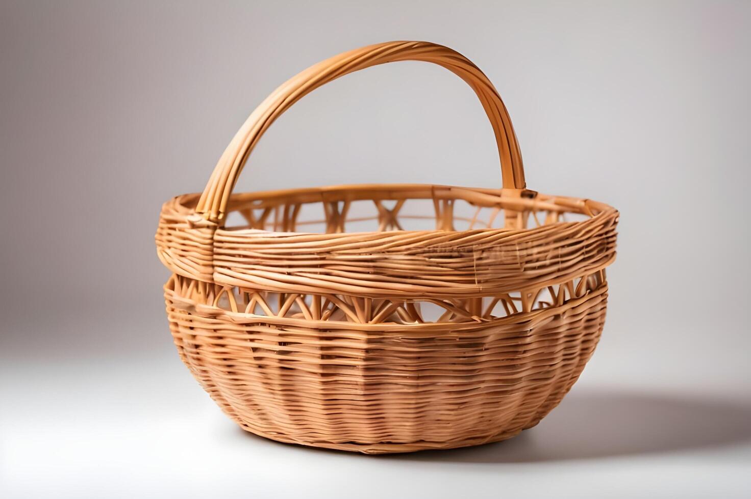 Empty wooden wicker basket on white background photo
