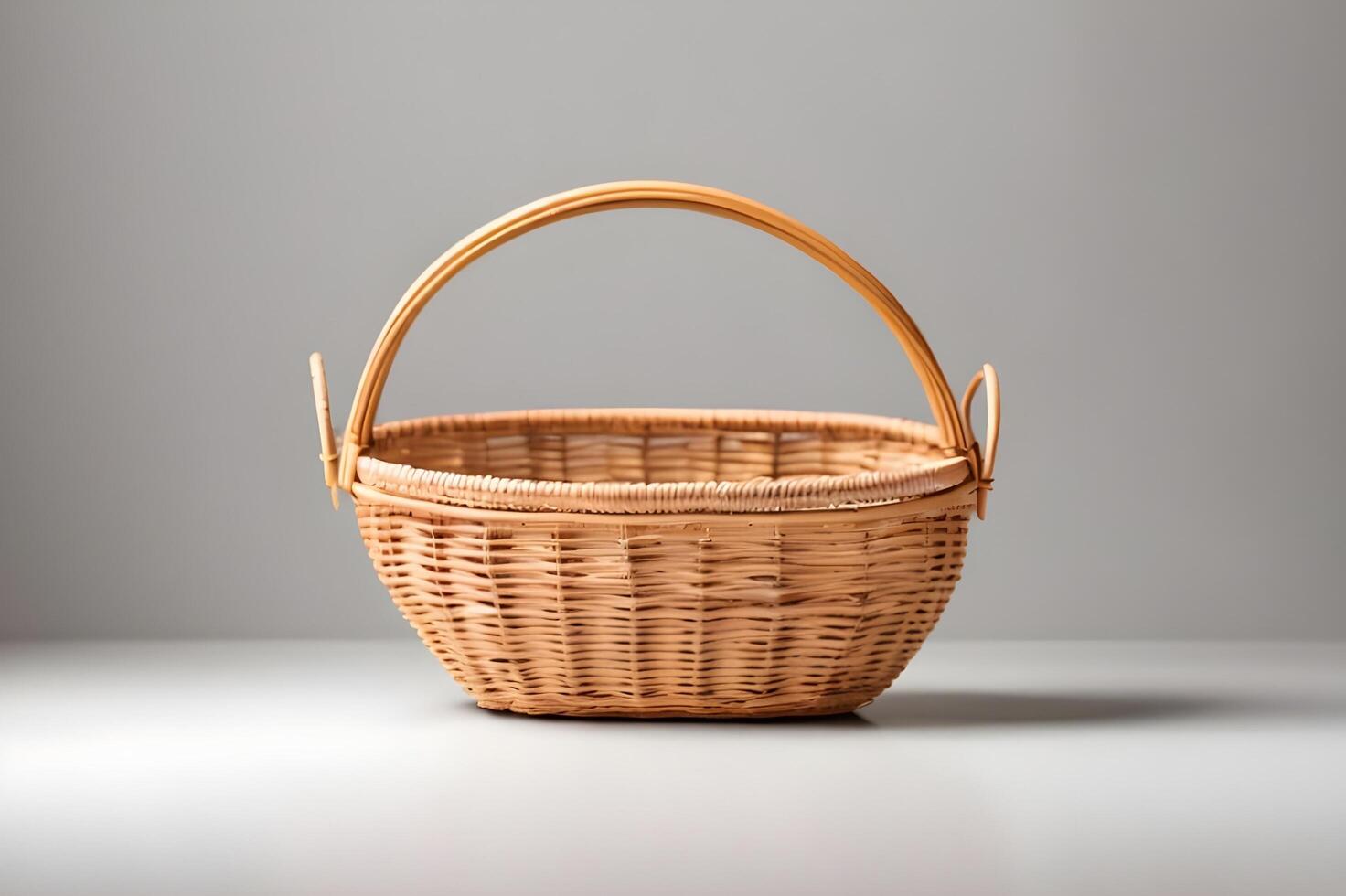 Empty wooden wicker basket on white background photo