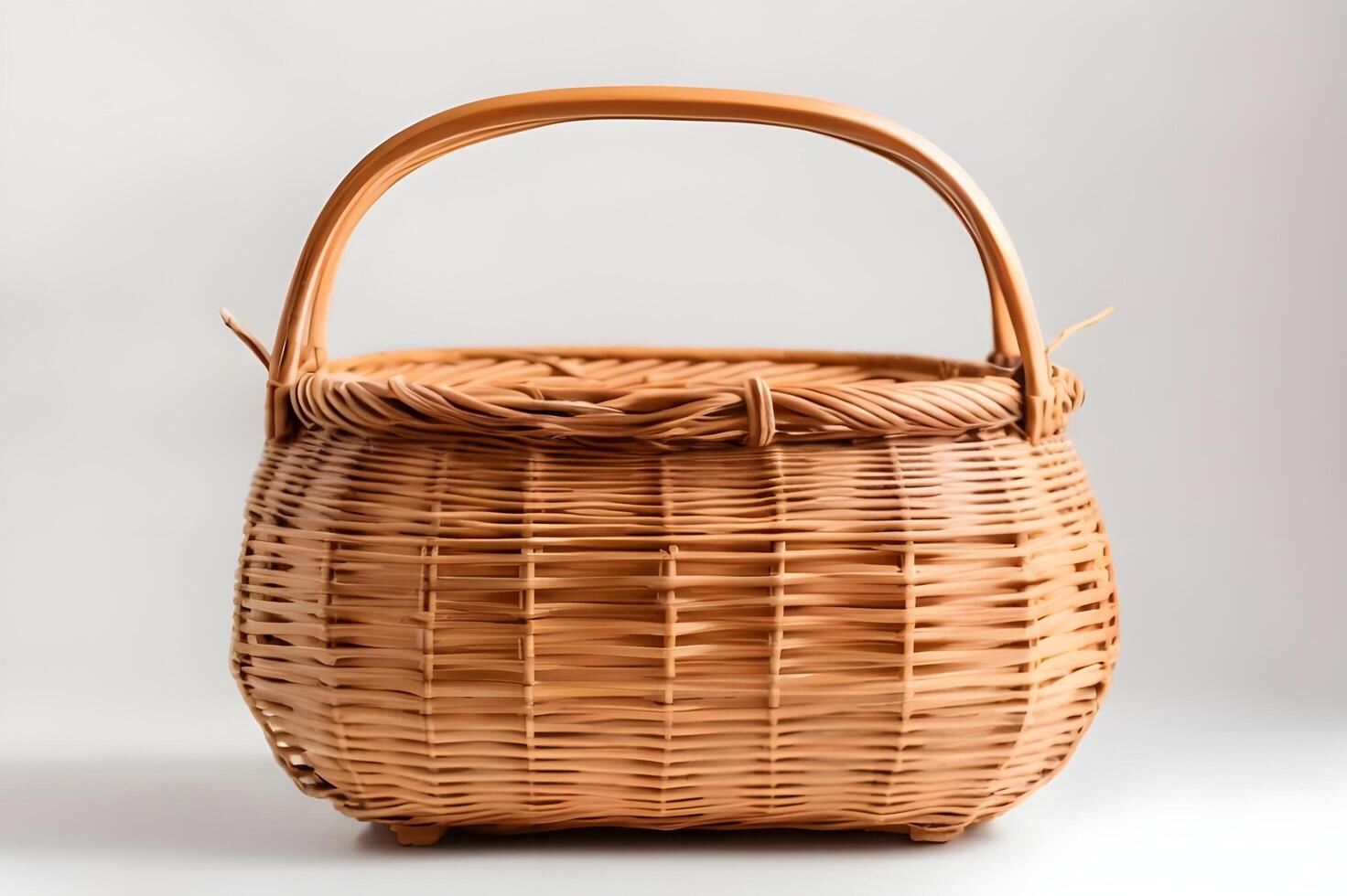 Empty wooden wicker basket on white background photo