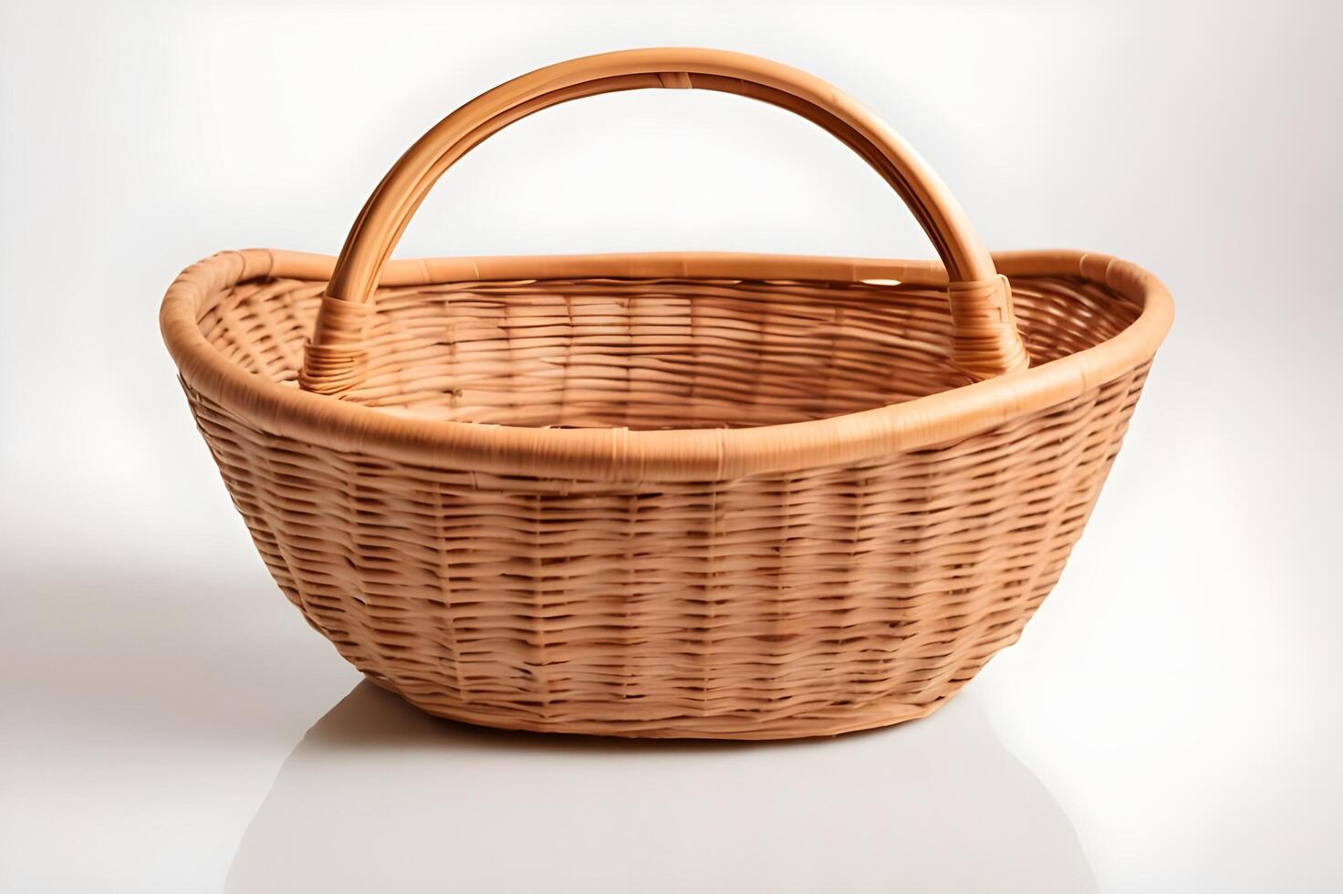 Empty wooden wicker basket on white background photo