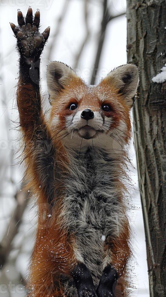 Winters Embrace. A Red Panda Amidst the Snowy Whisper of Nature photo